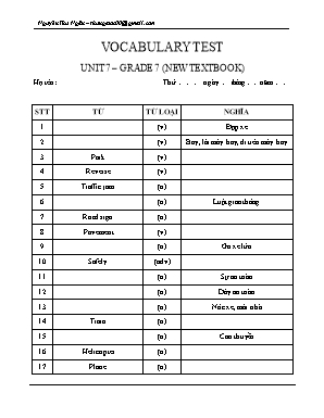 Đề kiểm tra từ vựng Unit 7 môn Tiếng Anh Lớp 7 - Nguyễn Thu Ngân